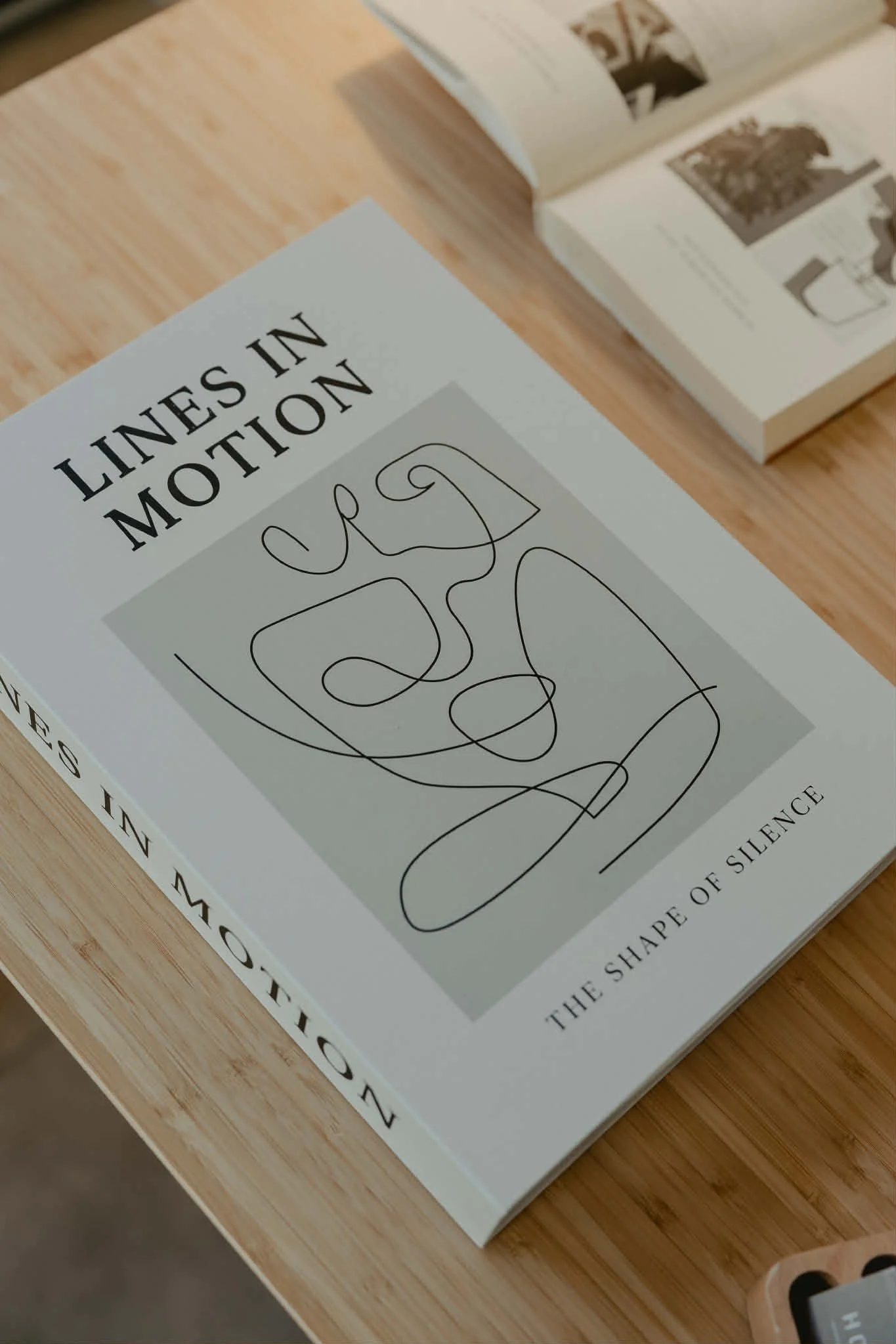 Close-up of a book titled 'The Shape of Silence' resting on a wooden surface, with another open book in the background.