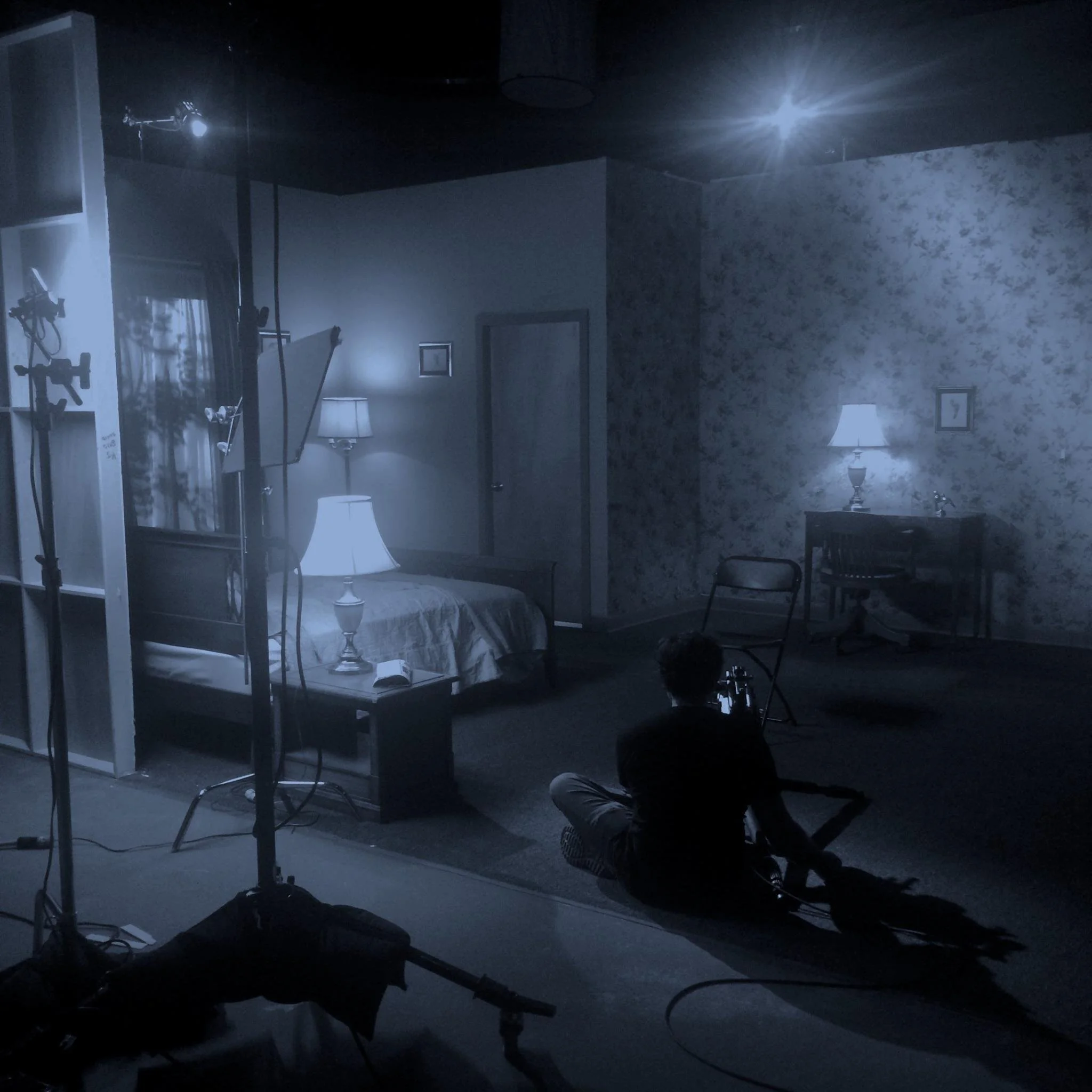 A black and white image of the set we built for 78/52 interview background plates.
