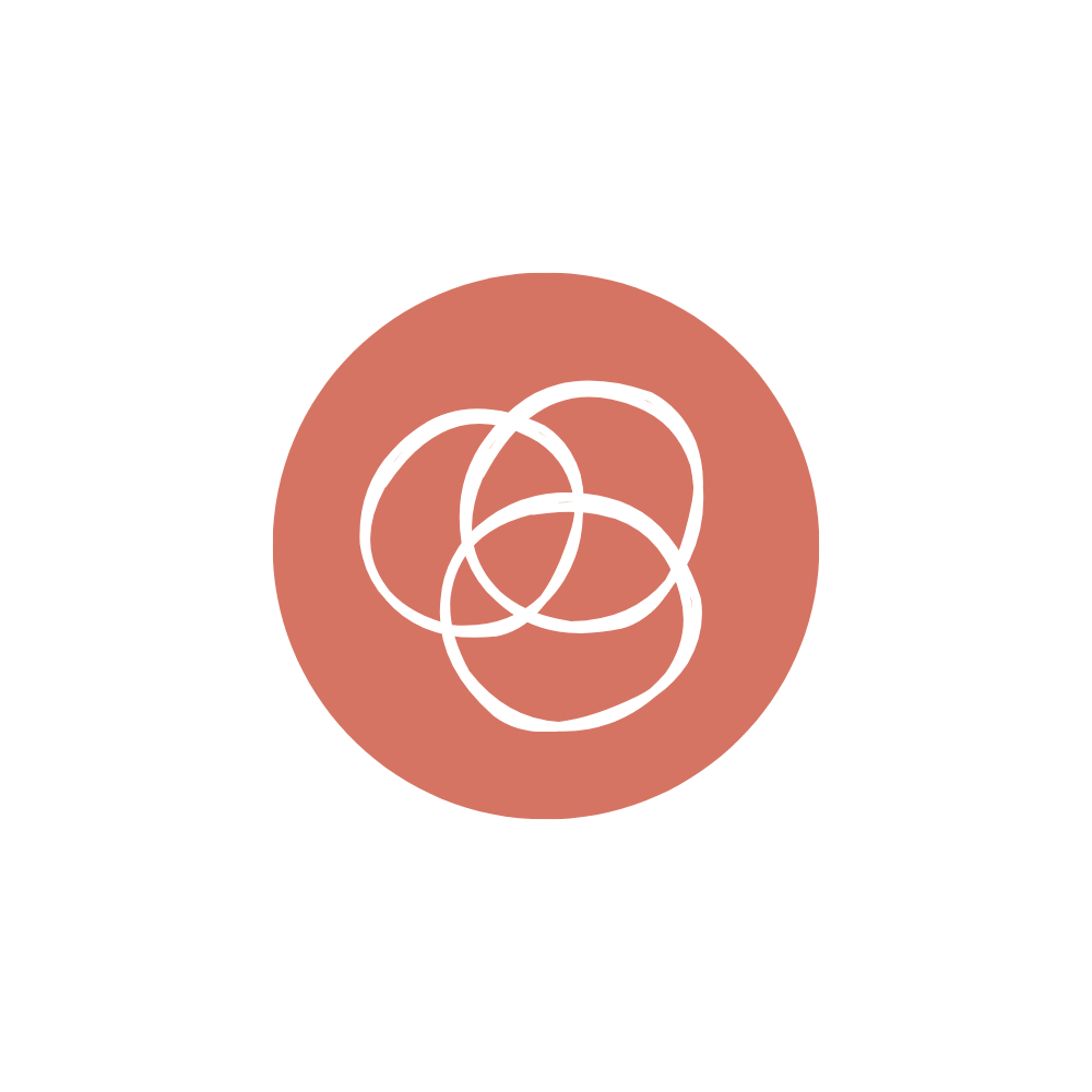 Minimalist icon of four overlapping white circles inside a pinkish-brown circle, representing network or connection.