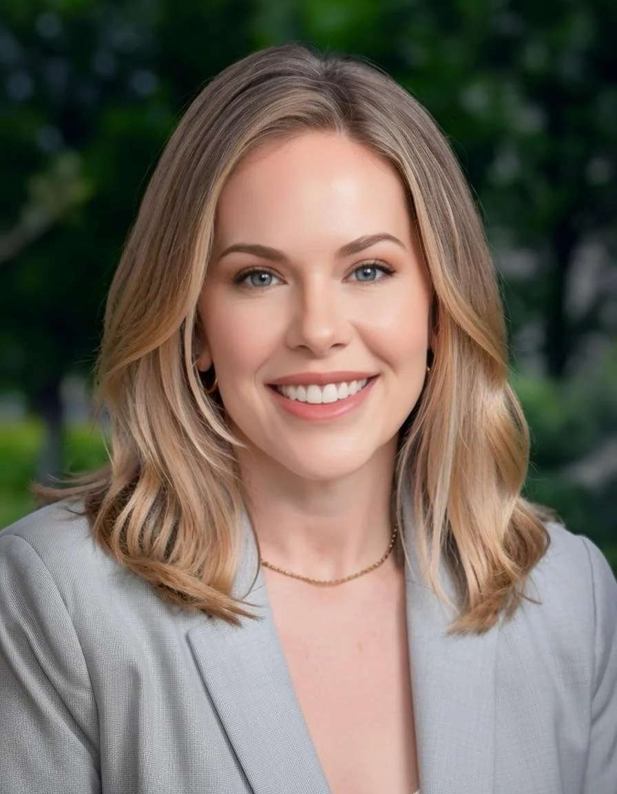 Portrait of a smiling woman with shoulder-length blonde hair and blue eyes, wearing a light gray blazer and a thin gold necklace, outdoor background with blurred green trees.