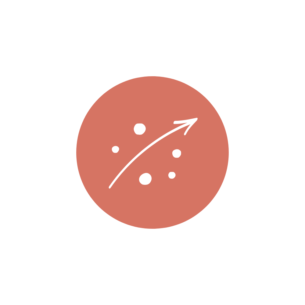 Graphic illustration of a cell with an internal nucleus, and a dividing arrow pointing from left to right, in a circular background.