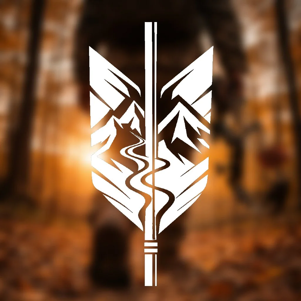 Stylized white graphic of a leaf with mountain and river patterns on a blurred autumn forest background.