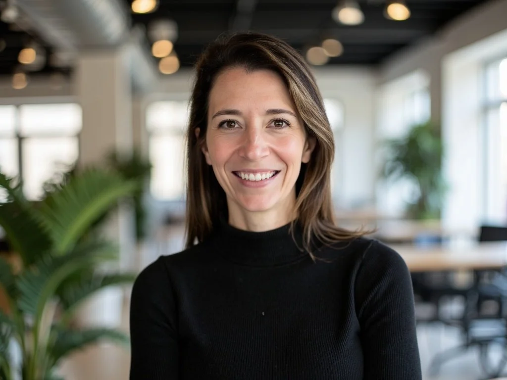 A woman with shoulder-length brown hair and a black turtleneck smiling in an indoor setting with large windows and plants.
