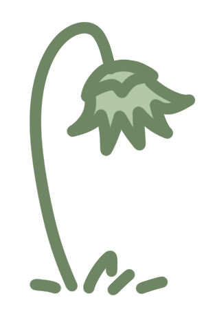 A simple illustration of a drooping flower with a curved stem and leaves, and the flower head hanging downward.
