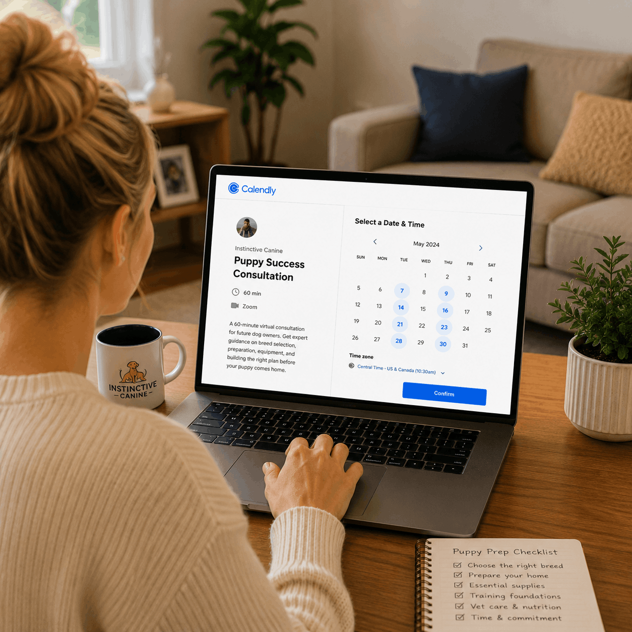 Woman scheduling a virtual Puppy Success consultation online to prepare for bringing home a new puppy.