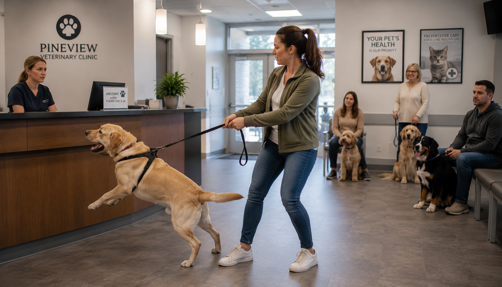 Woman at vet clinic struggling to keep dog under control.