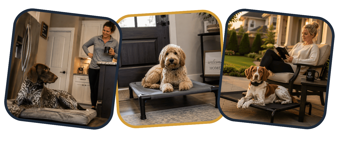 Dogs calmly holding place on dog beds while their owners relax at home, demonstrating reliable in-home dog training.
