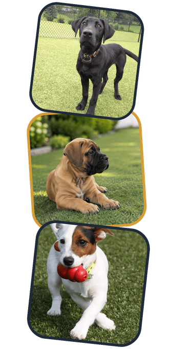 Black Labrador, Bullmastiff puppy, and Jack Russell Terrier representing different puppy breeds, sizes, and personalities.