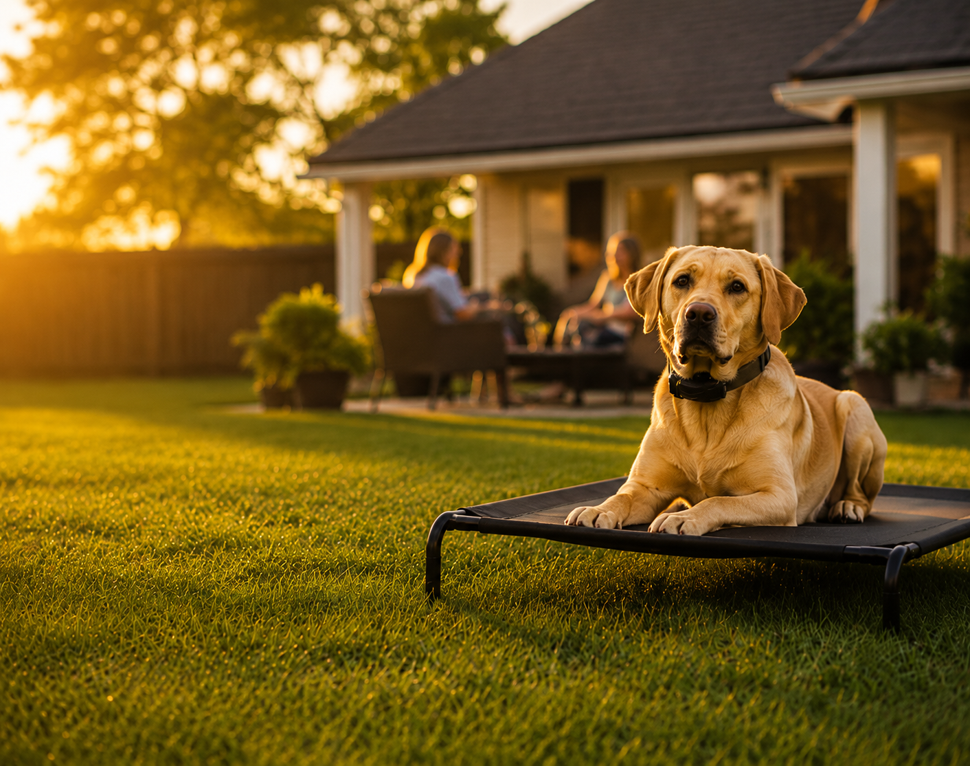 Yellow Labrador calmly remaining on a place bed outdoors while its family relaxes nearby, demonstrating reliable off-leash training and self-control.