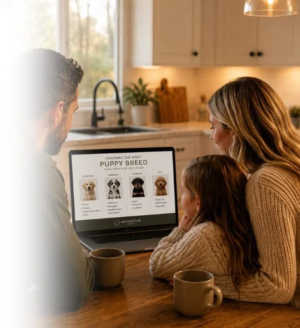 Family researching puppy breeds together to choose the right dog for their home and lifestyle.