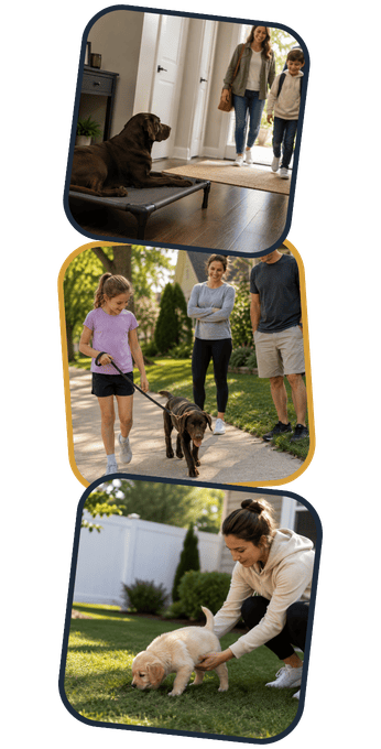 Family practicing puppy potty training, leash walking, and place training as part of an in-home dog training program.