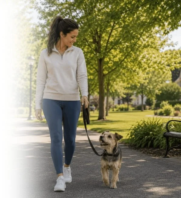 Woman practicing loose-leash walking with her dog on a neighborhood path during everyday dog training.