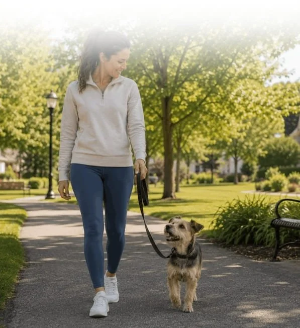 Woman practicing loose-leash walking with her dog on a neighborhood path during everyday dog training.