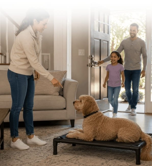 Dog calmly holding place on an elevated bed while family members enter the home, demonstrating reliable door manners.