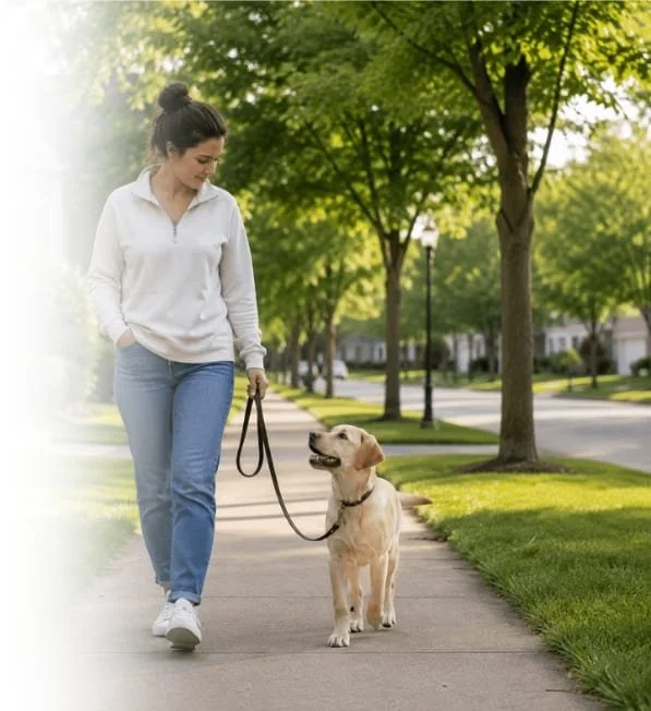 Woman practicing loose-leash walking with a young yellow Labrador on a neighborhood sidewalk.