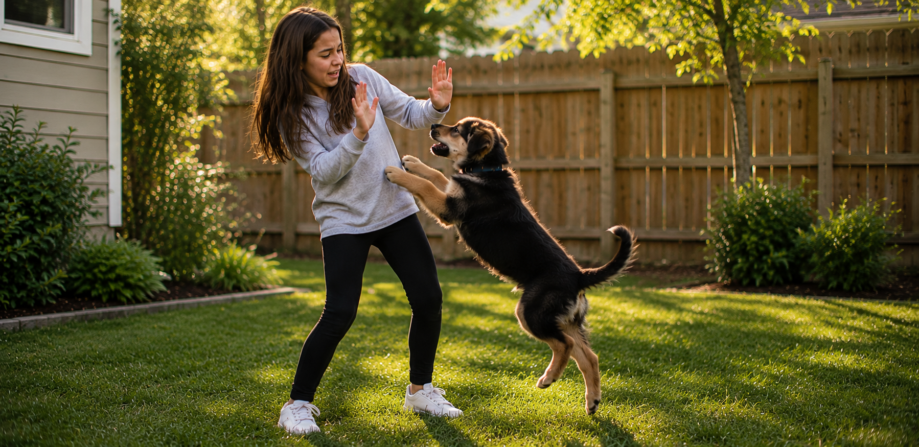Child trying to keep puppy from jumping up on her.