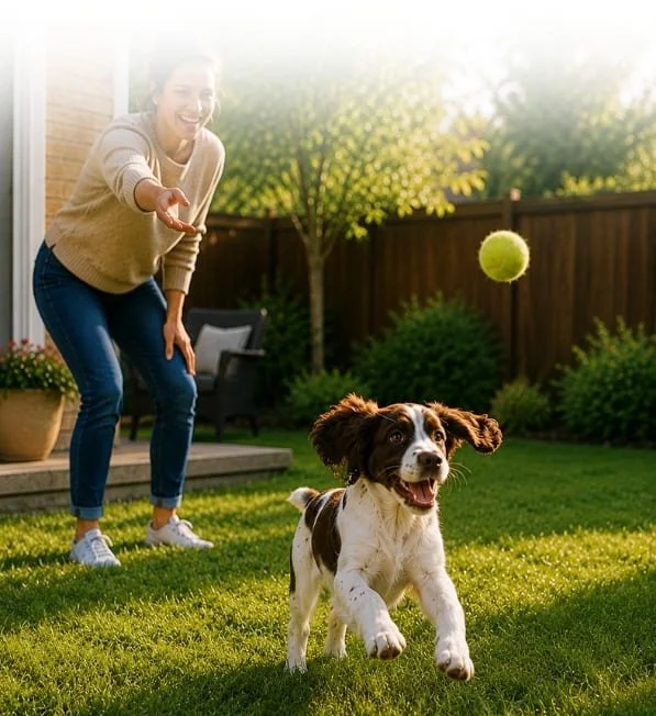 Woman playing fetch with a young Springer Spaniel puppy in the backyard.