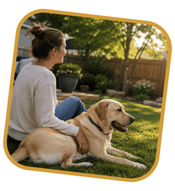 Woman relaxing with her calm yellow Labrador in the backyard after in-home dog training.