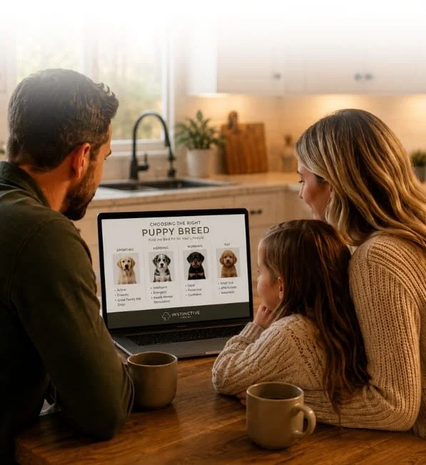 Family researching puppy breeds together to choose the right dog for their home and lifestyle.