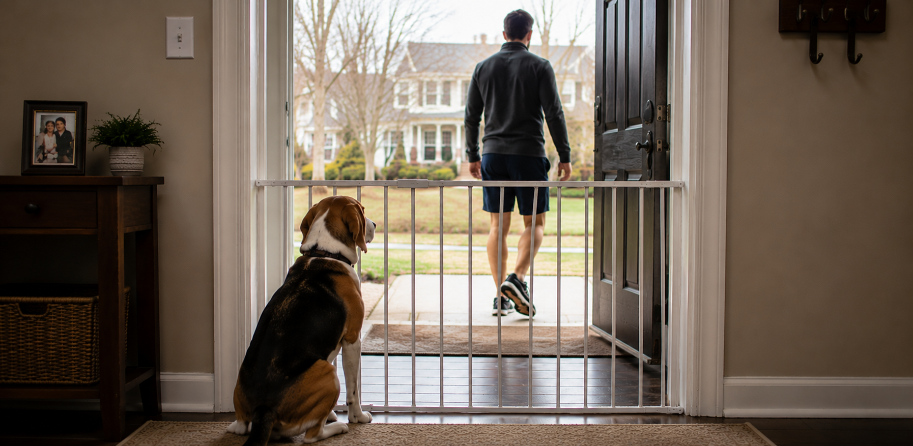 Owner leaving dog behind gate while he goes on walk.