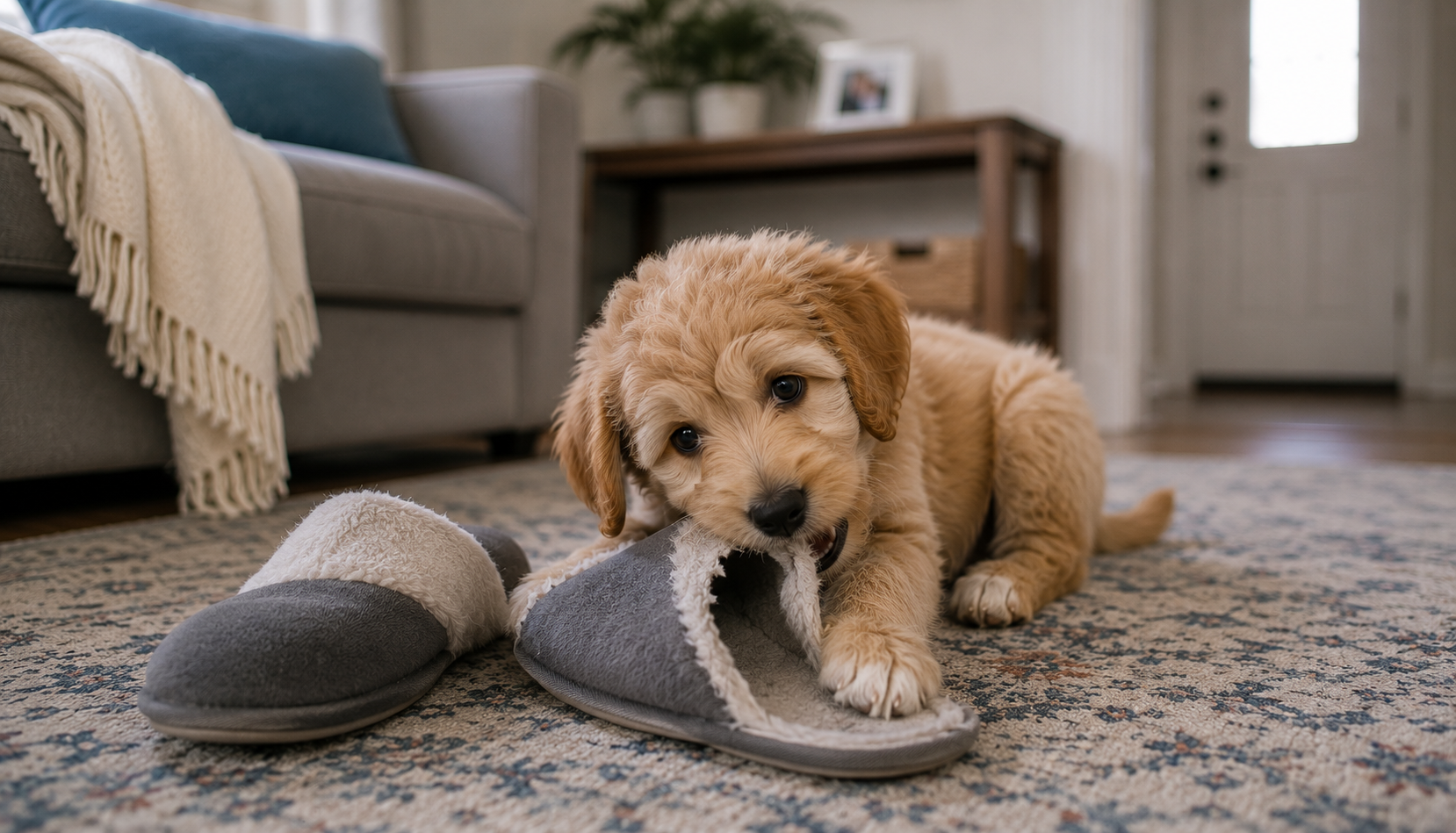 Golden Retriever puppy chewing on slippers.
