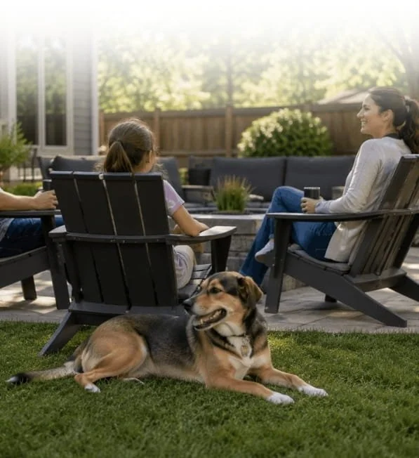 Calm dog relaxing in the backyard while the family spends time together outdoors.