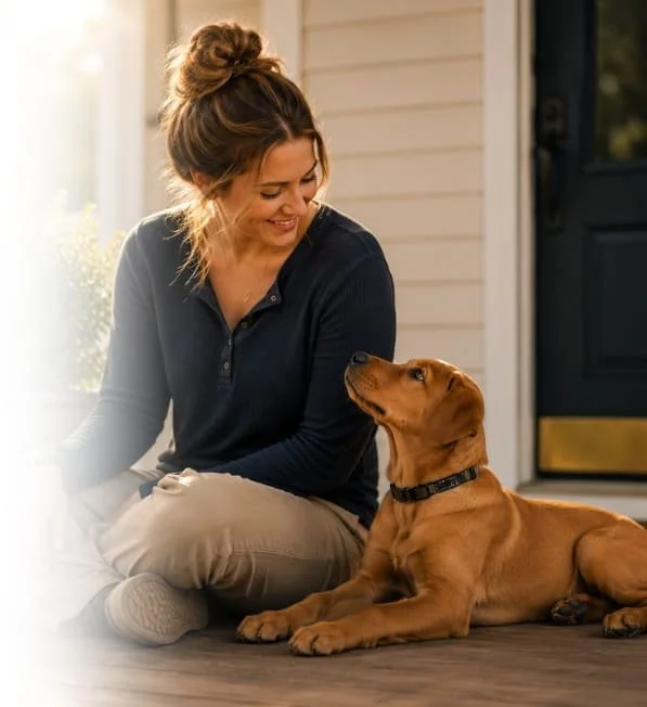 Woman sitting beside a calm young dog at the front door during in-home puppy training.