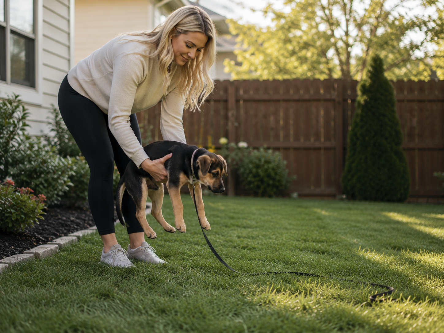 Owner guiding a Beagle puppy during a structured outdoor training routine to build reliable behavior and confidence.