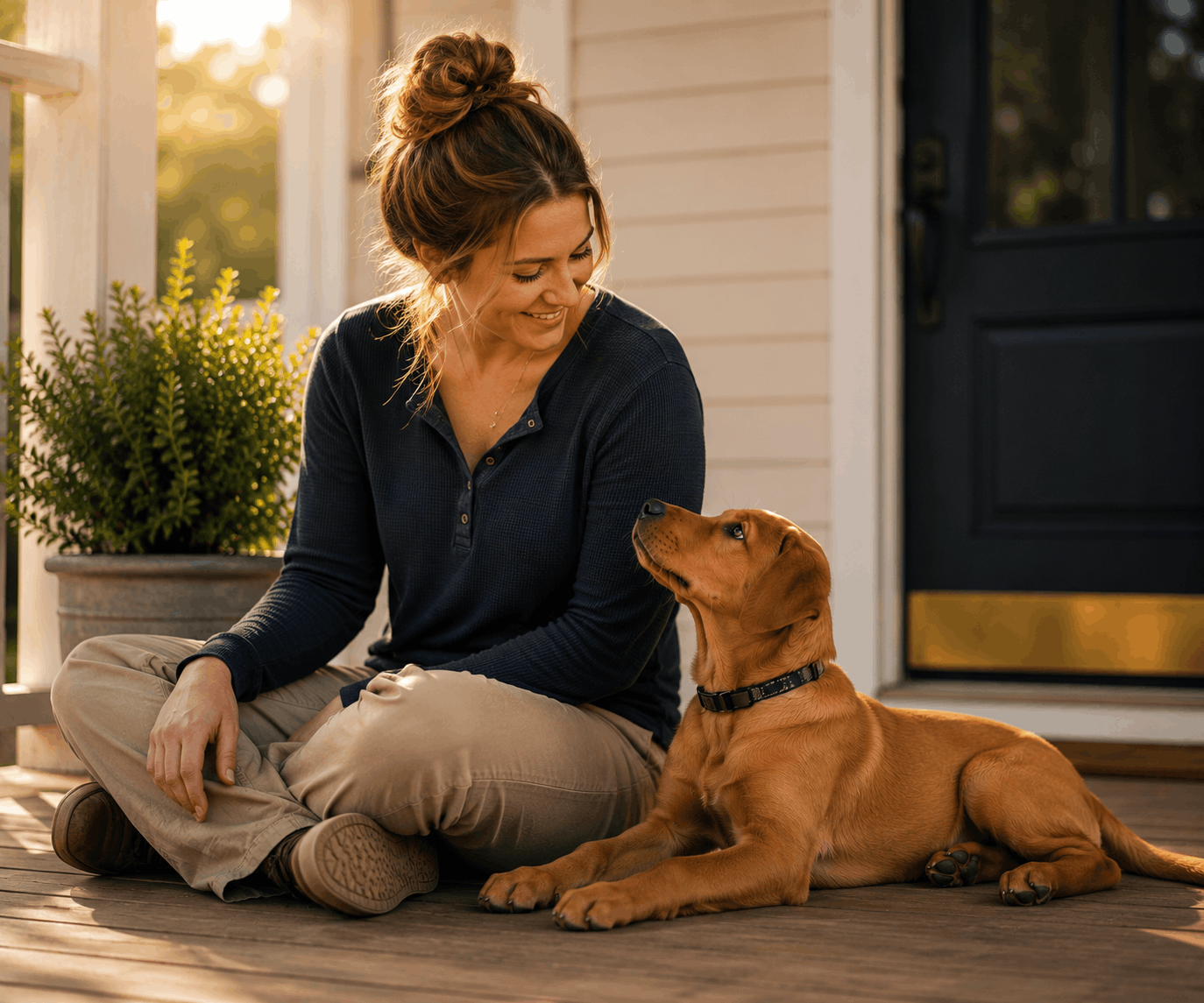Dog owner building engagement and trust with a young Labrador puppy through calm, instinctive communication