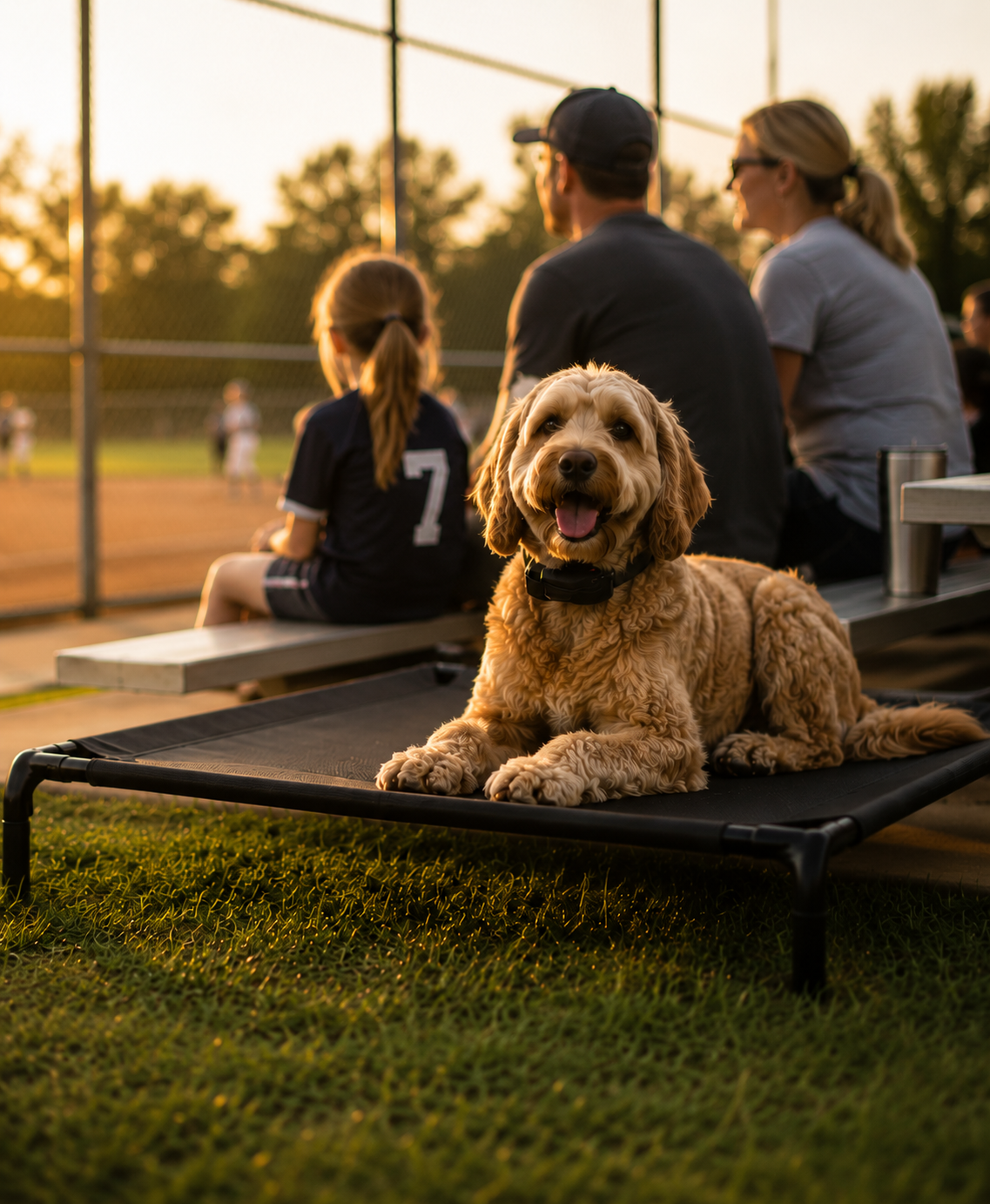 Goldendoodle demonstrating reliable off-leash training by remaining on a place cot while its family watches a baseball game.