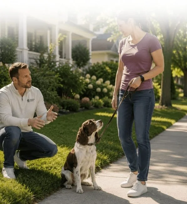 Dog trainer coaching a woman as she practices leash handling and obedience with her Springer Spaniel.