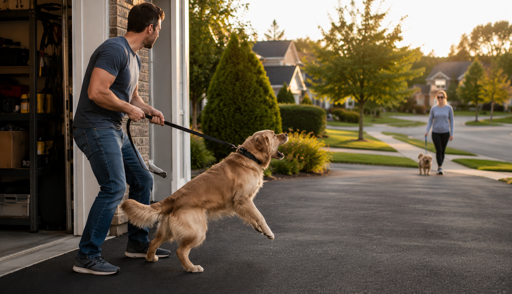 Owner struggling to keep his dog from barking and pulling on leash due to someone coming down the sidewalk.