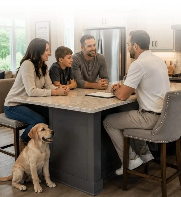 Family meeting with a dog trainer in their home to discuss their dog’s behavior and personalized training goals.