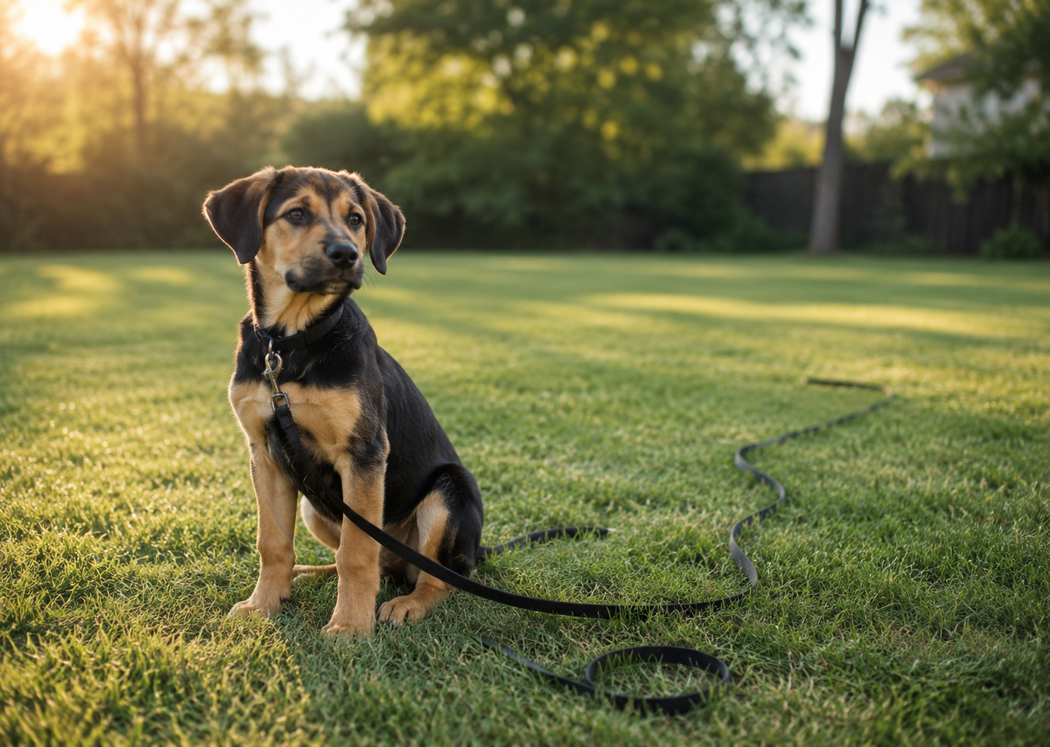 Young German Shepherd mix puppy sitting calmly on a long leash during the early stages of professional puppy training.