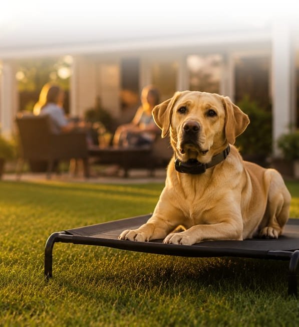 Yellow Labrador calmly holding place on an elevated dog bed during backyard training with family nearby.