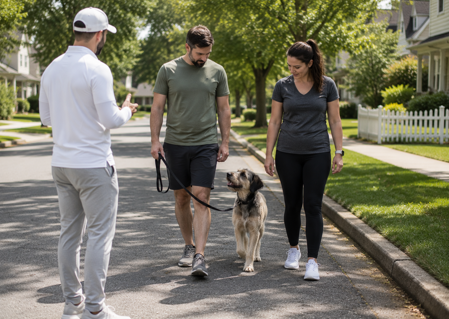 Professional dog trainer coaching owners during a personalized foundation training session designed around their dog's individual needs and goals.