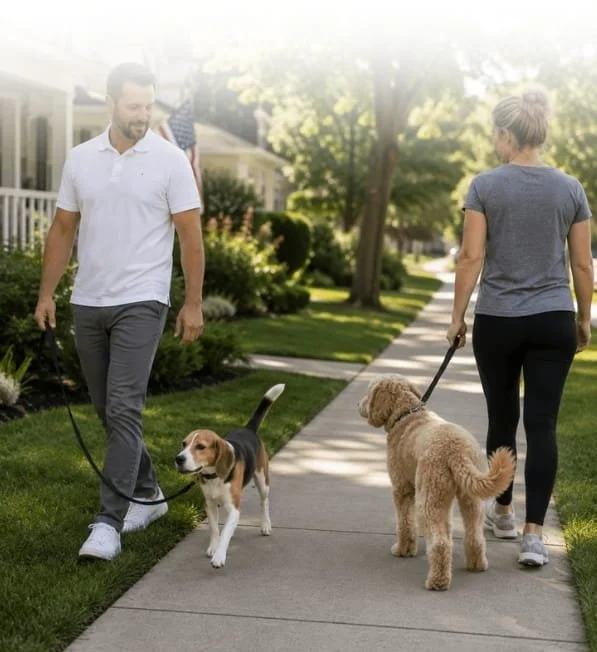 Dog walking calmly past another dog and owner on a neighborhood sidewalk during leash training.