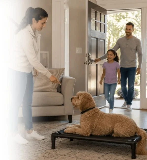 Dog calmly holding place on an elevated bed while family members enter the home, demonstrating reliable door manners.