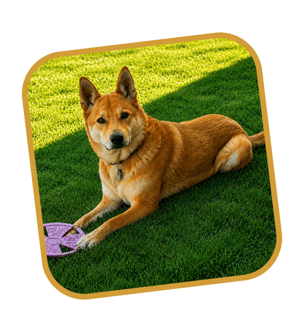 Calm mixed-breed dog lying in the grass outdoors.