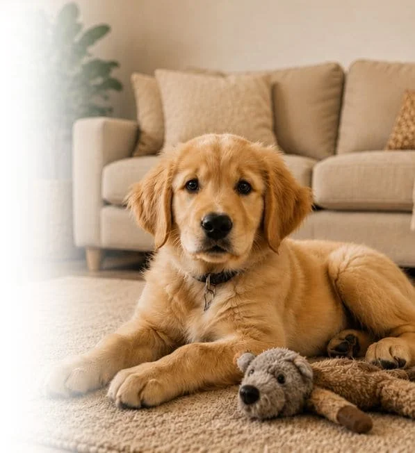Golden Retriever puppy lying calmly in the living room with toys during early puppy training.