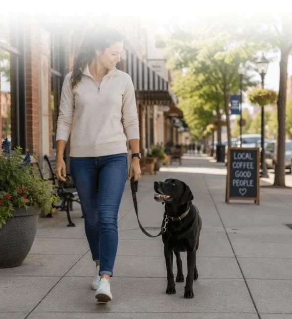 Woman practicing loose-leash walking with a black Labrador through a downtown neighborhood with everyday distractions.