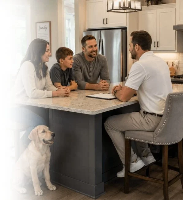 Family meeting with a dog trainer in their home to discuss their dog’s behavior and personalized training goals.