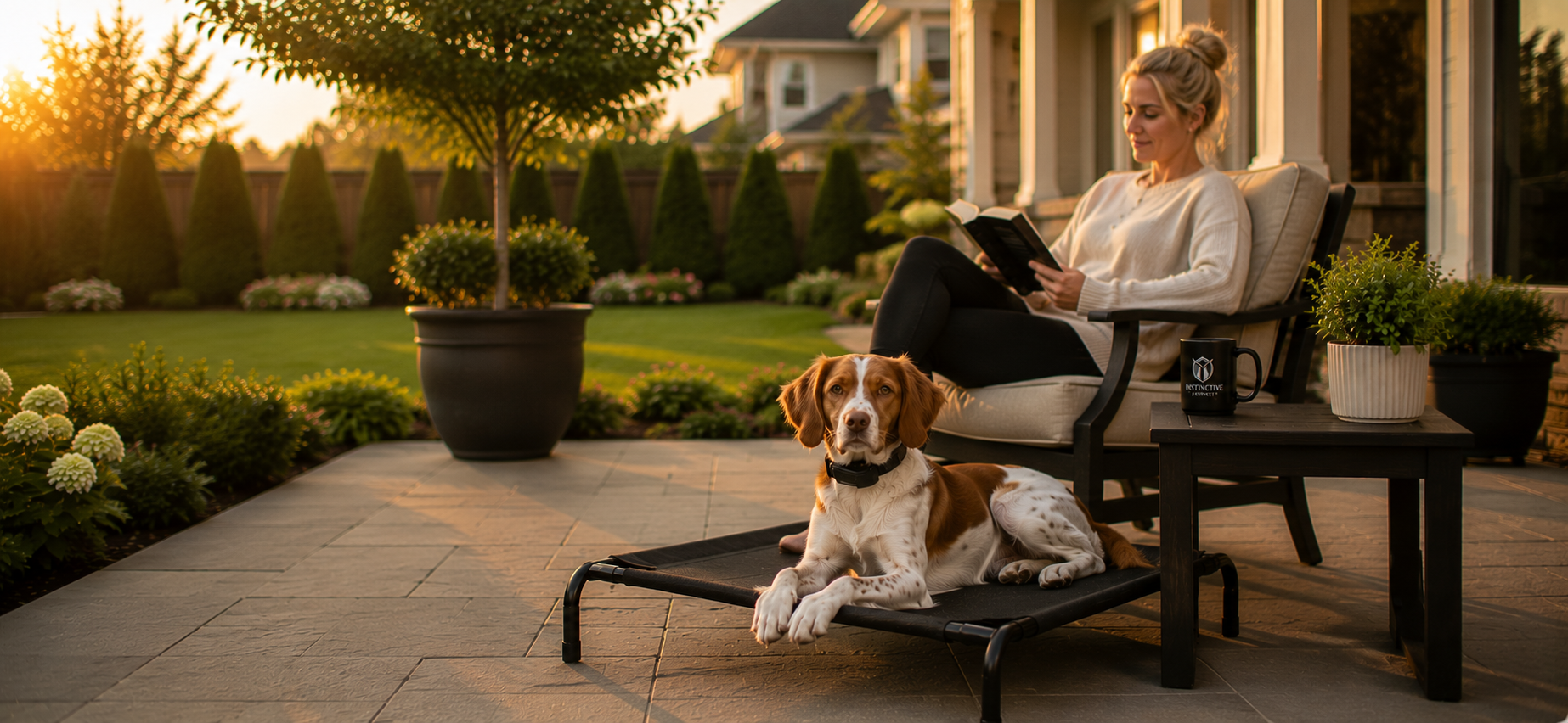 Woman enjoying her book while her dog sits on place command.