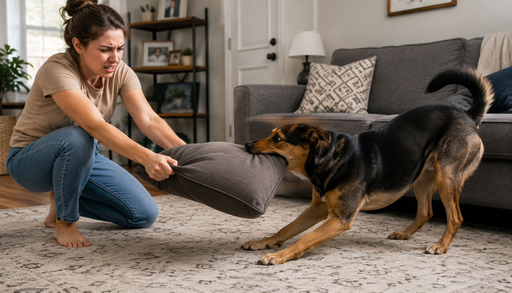 Dog pulling on a household pillow while learning appropriate boundaries and communication during foundation training.