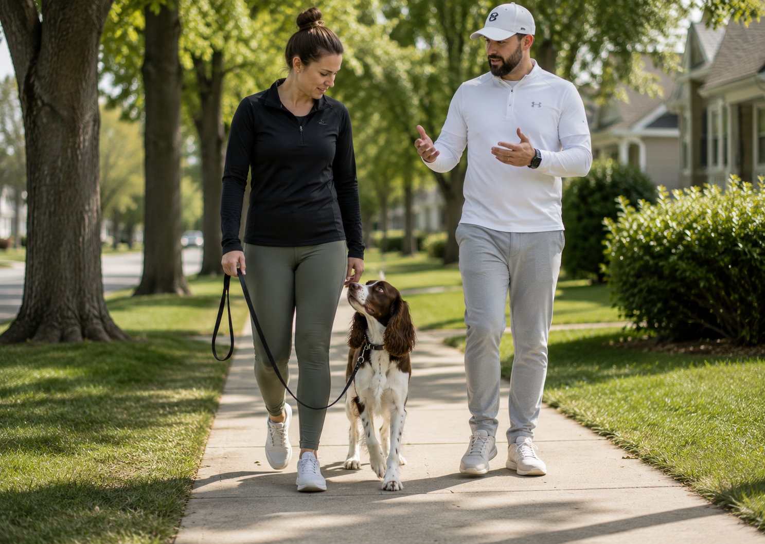 Dog trainer walking beside an owner while coaching proper handling skills and reinforcing reliable on-leash behavior during foundation training.