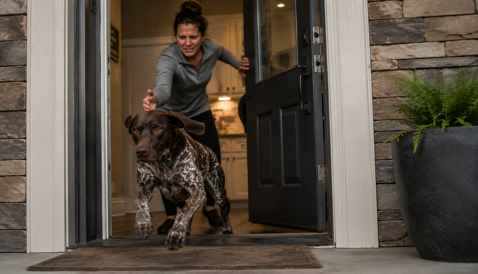 Owner attempting to stop a German Shorthaired Pointer from bolting through an open doorway before learning reliable door manners.