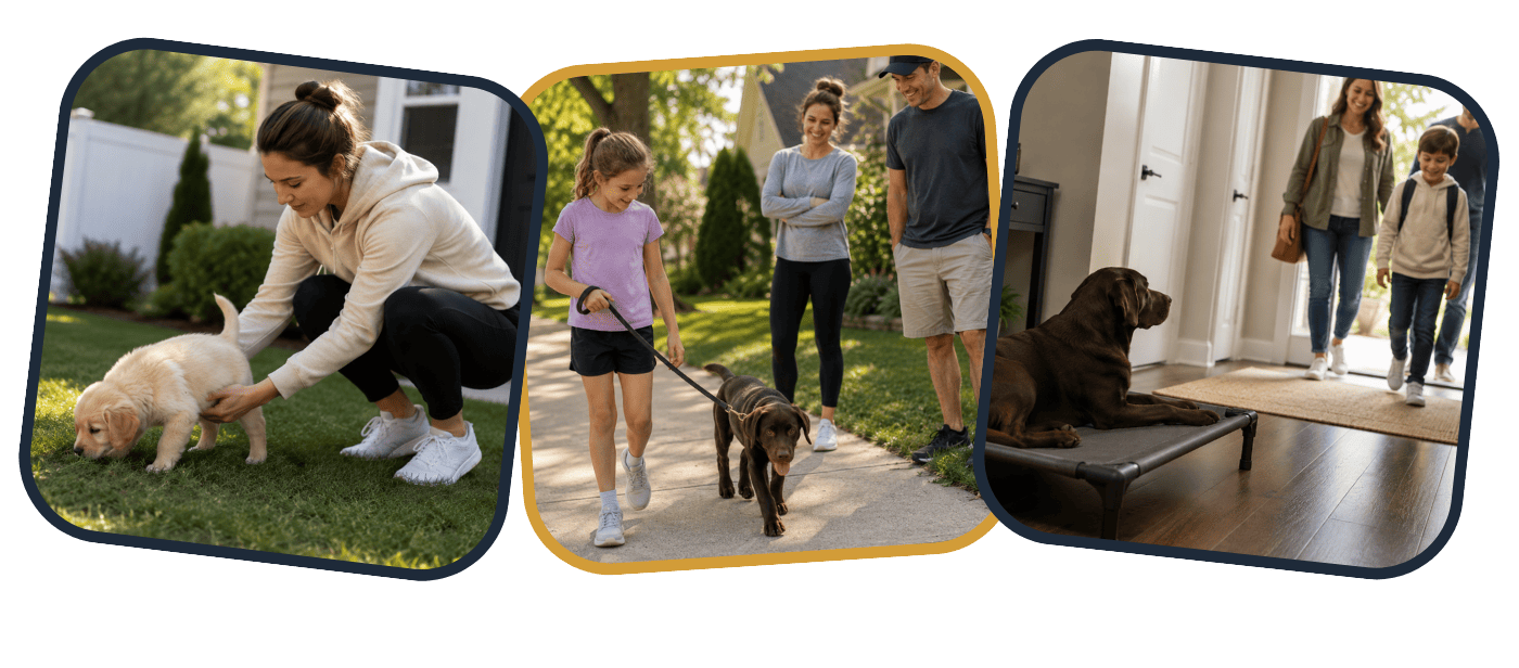 Family practicing puppy potty training, leash walking, and place training as part of an in-home dog training program.
