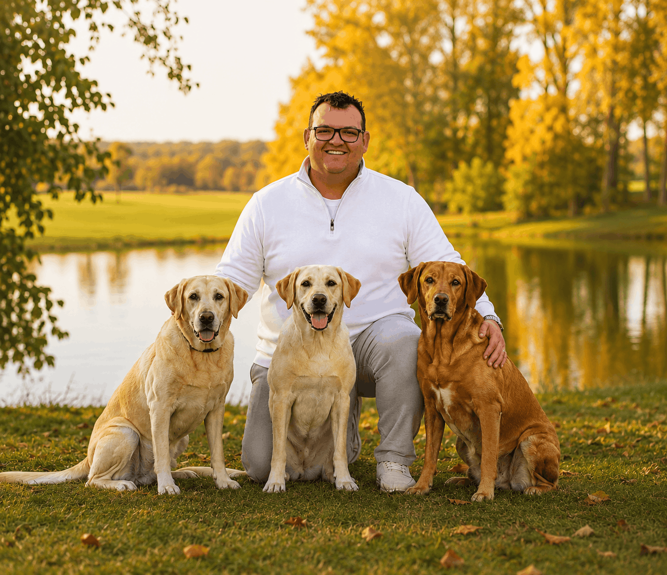 Jon Tuma, owner of Instinctive Canine, with three trained dogs during an outdoor training session in Minnesota.