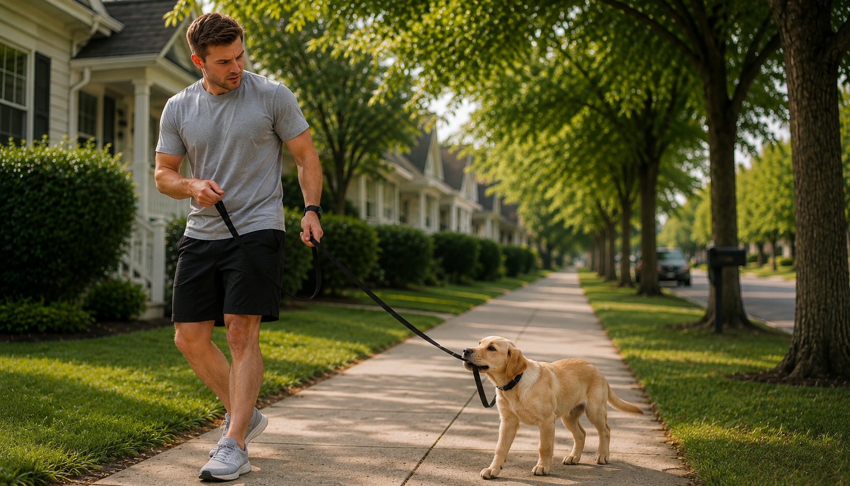 Owner struggling with  a Yellow Labrador puppy to walk politely on a loose leash during an outdoor training session.