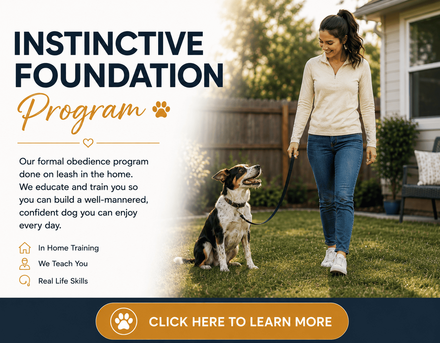 Woman practicing on-leash obedience with her dog during an in-home dog training program.
